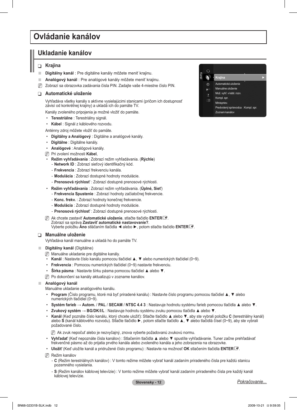 Ovládanie kanálov, Ukladanie kanálov | Samsung PS50B551T3W User Manual | Page 291 / 462