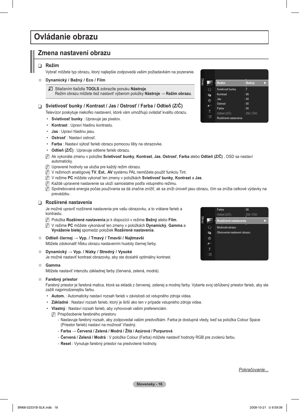 Ovládanie obrazu, Zmena nastavení obrazu | Samsung PS50B551T3W User Manual | Page 295 / 462