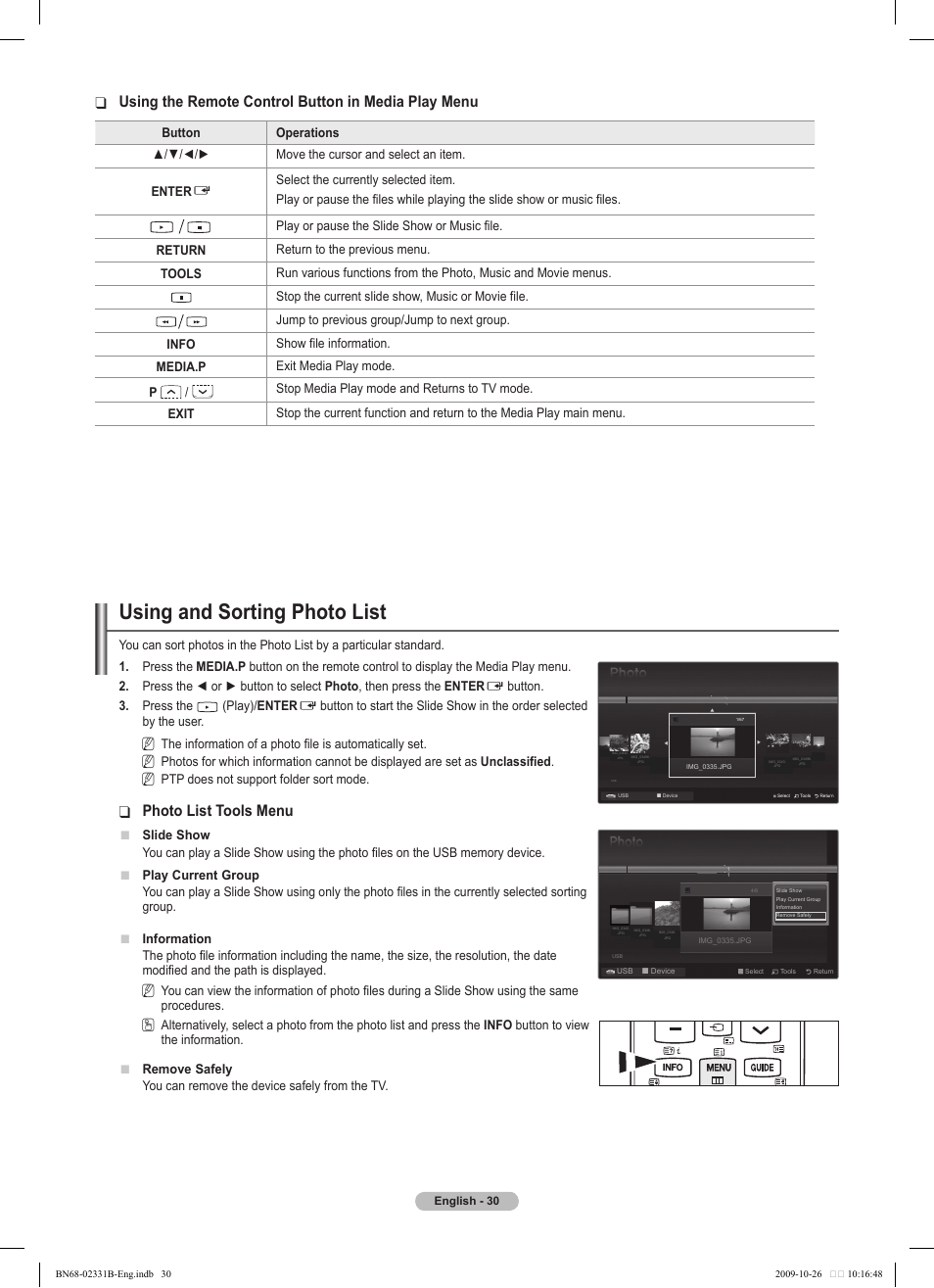 Using and sorting photo list, Photo list tools menu, Using the remote control button in media play menu | Samsung PS50B551T3W User Manual | Page 30 / 462