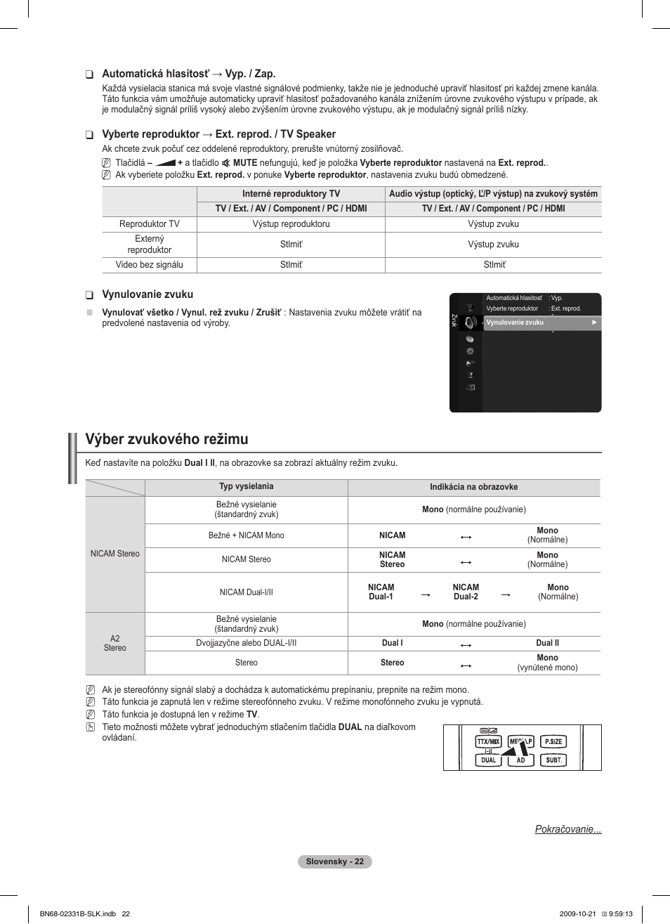 Výber zvukového režimu | Samsung PS50B551T3W User Manual | Page 301 / 462