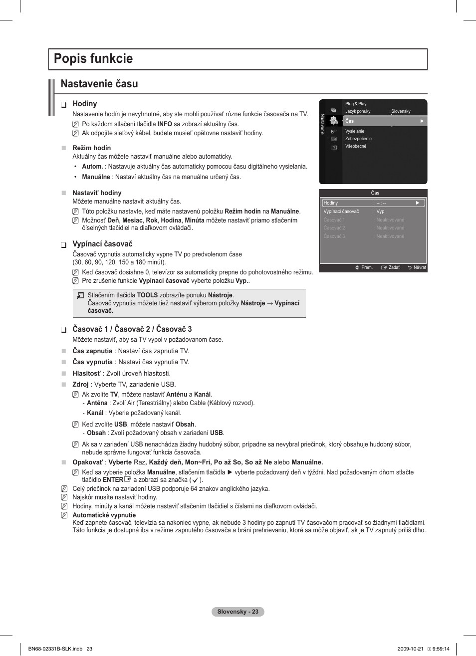 Popis funkcie, Nastavenie času | Samsung PS50B551T3W User Manual | Page 302 / 462