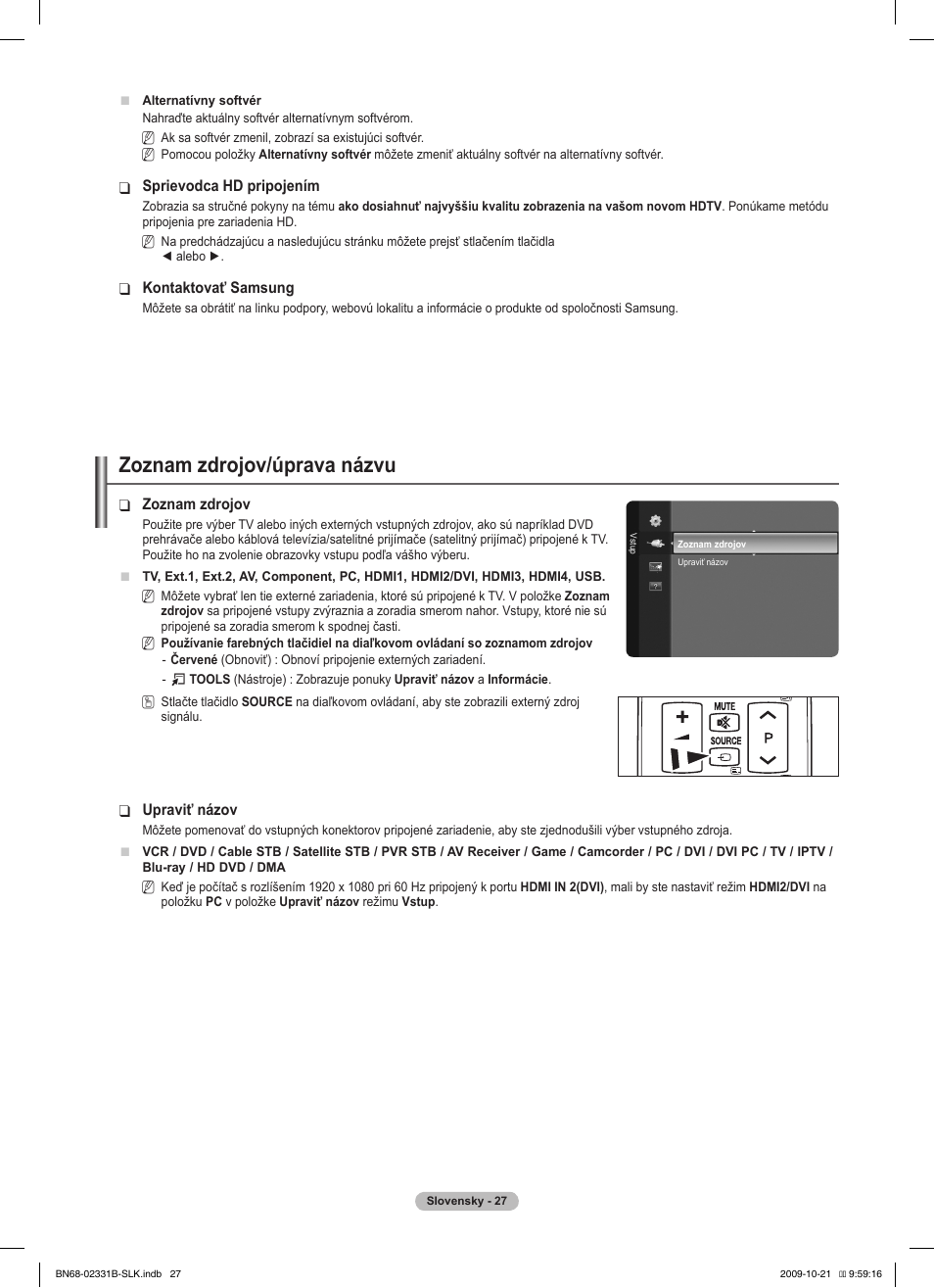 Zoznam zdrojov/úprava názvu | Samsung PS50B551T3W User Manual | Page 306 / 462