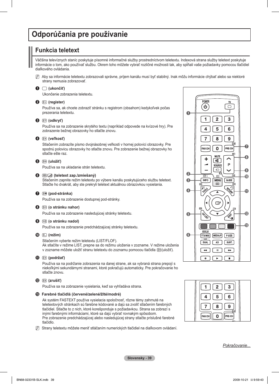 Odporúčania pre používanie, Funkcia teletext | Samsung PS50B551T3W User Manual | Page 318 / 462