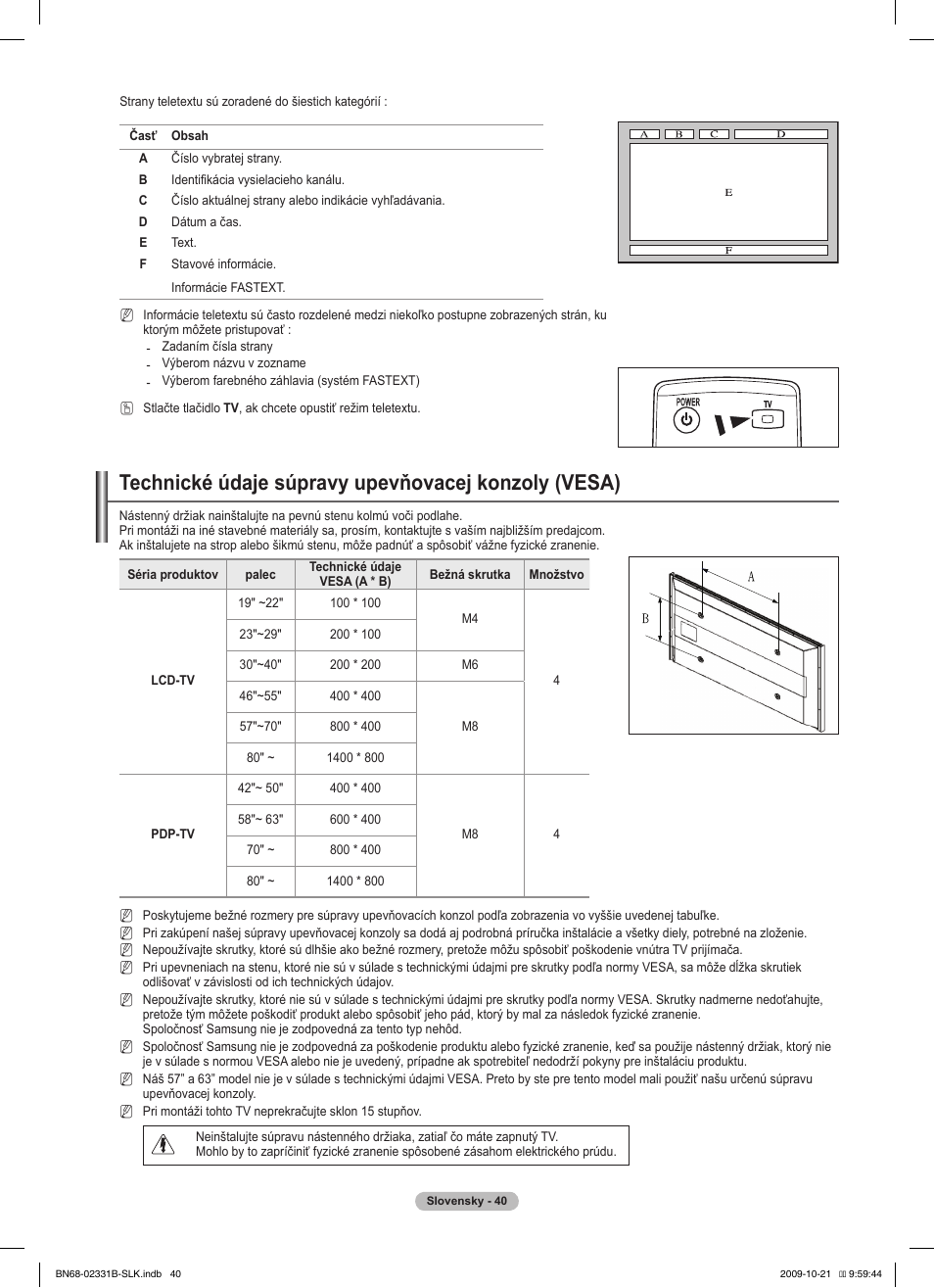 Technické údaje súpravy upevňovacej konzoly (vesa) | Samsung PS50B551T3W User Manual | Page 319 / 462