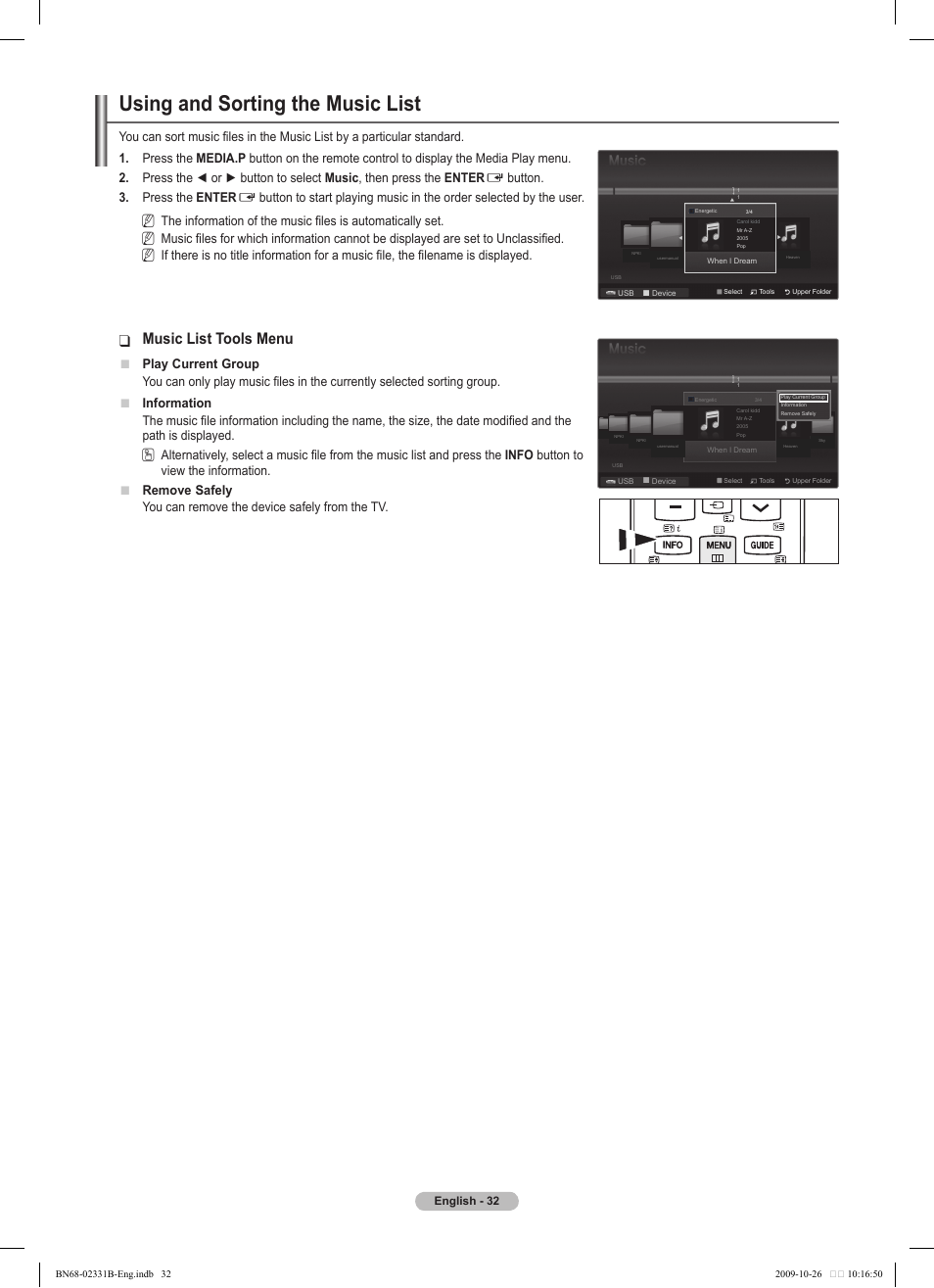 Using and sorting the music list, Music list tools menu, Button. 3. press the enter | Play current group, Info button to view the information. remove safely, You can remove the device safely from the tv | Samsung PS50B551T3W User Manual | Page 32 / 462