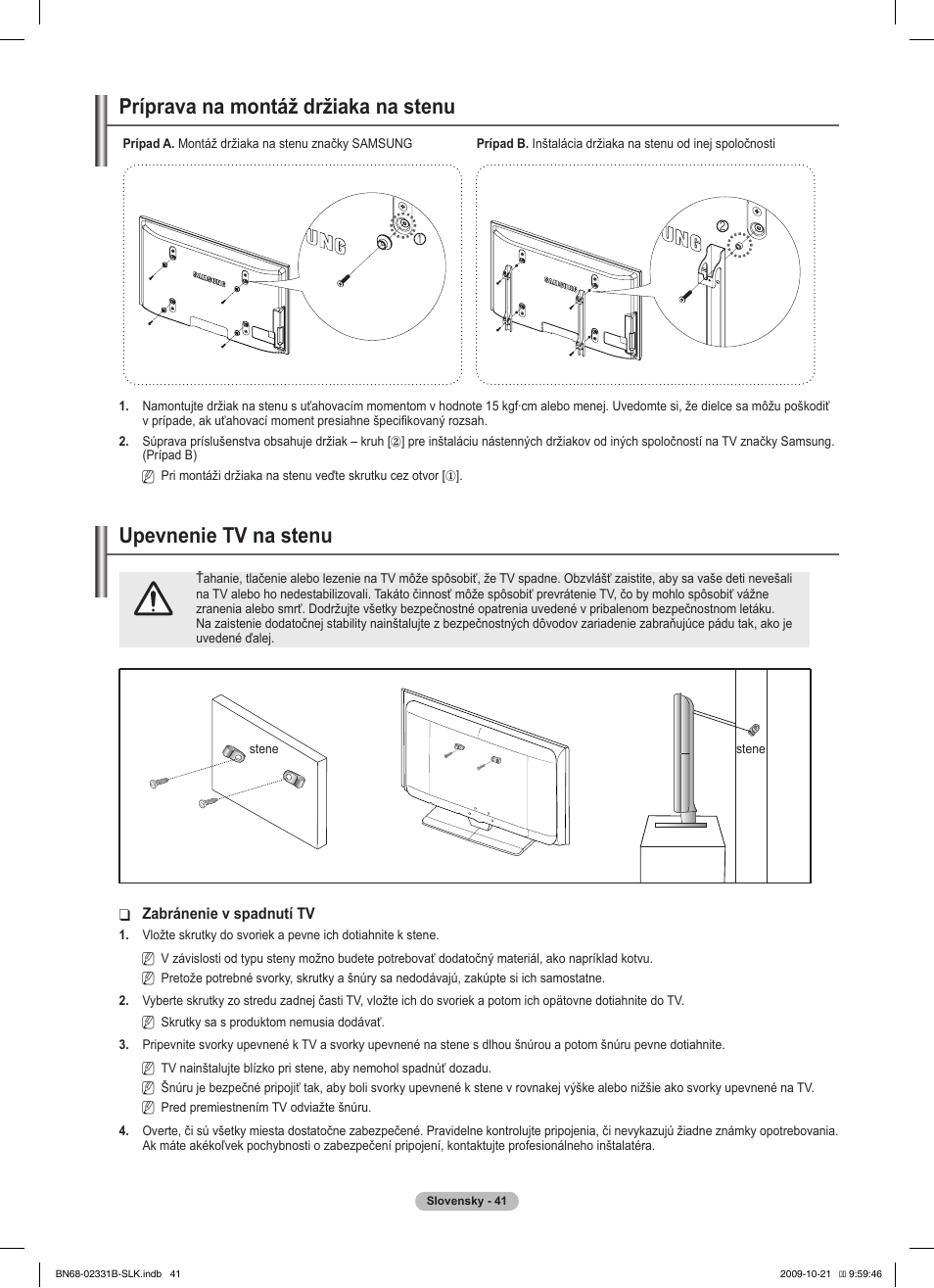 경고 주의 경고 주의, Príprava na montáž držiaka na stenu, Upevnenie tv na stenu | Samsung PS50B551T3W User Manual | Page 320 / 462