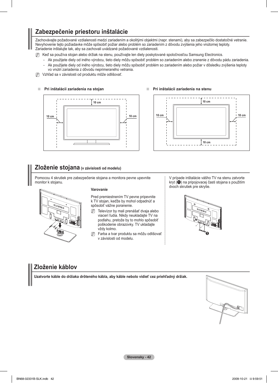 Zabezpečenie priestoru inštalácie, Zloženie stojana, Zloženie káblov | Samsung PS50B551T3W User Manual | Page 321 / 462