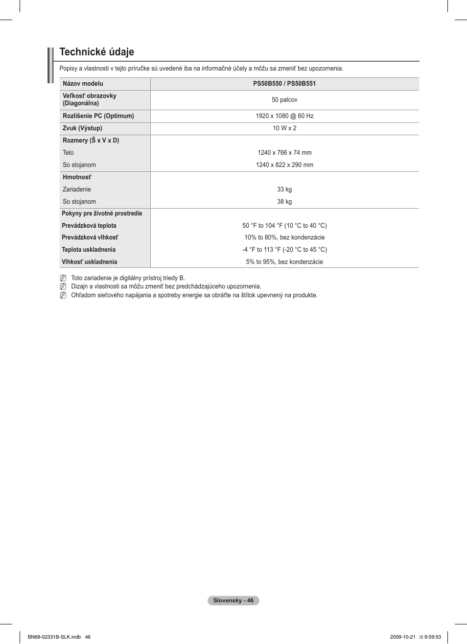 Technické údaje | Samsung PS50B551T3W User Manual | Page 325 / 462