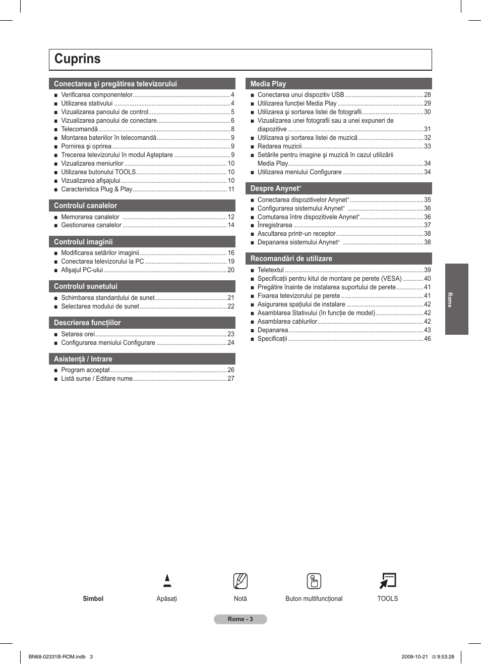 No t, Cuprins | Samsung PS50B551T3W User Manual | Page 327 / 462