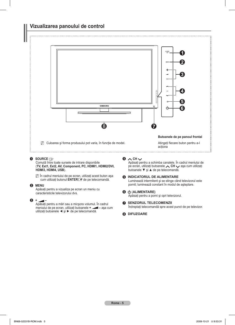 Vizualizarea panoului de control | Samsung PS50B551T3W User Manual | Page 329 / 462