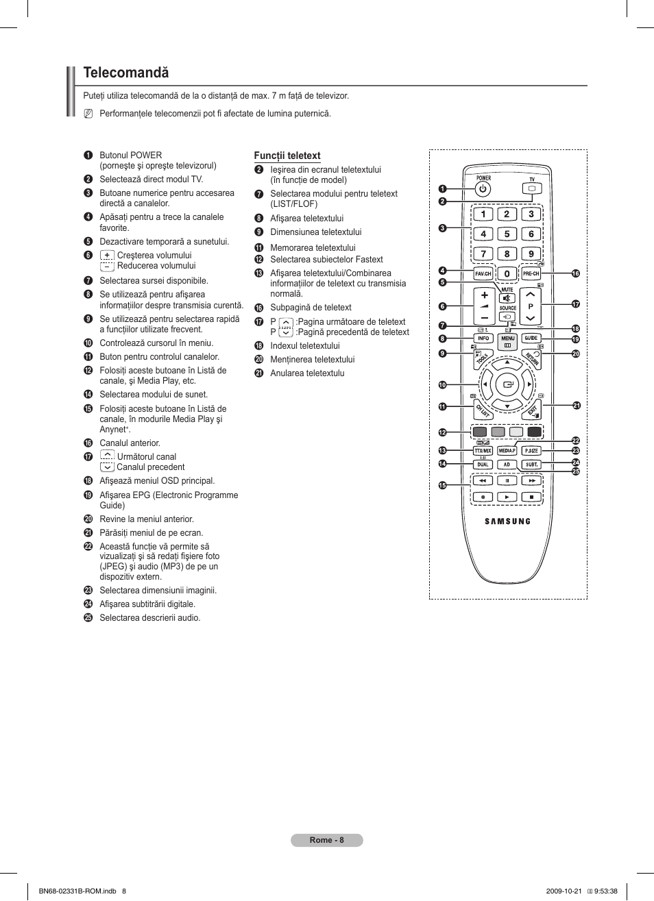 Telecomandă | Samsung PS50B551T3W User Manual | Page 332 / 462