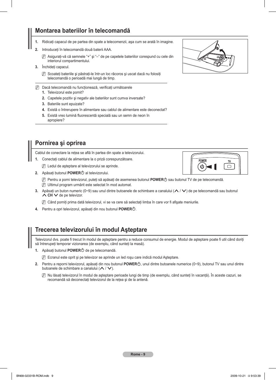 Montarea bateriilor în telecomandă, Pornirea şi oprirea, Trecerea televizorului în modul aşteptare | Samsung PS50B551T3W User Manual | Page 333 / 462