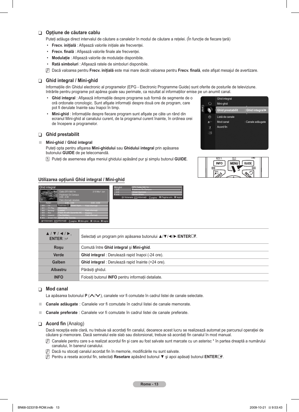 Opţiune de căutare cablu, Ghid integral / mini-ghid, Ghid prestabilit | Mod canal, Acord fin ❑ (analog), Utilizarea opţiunii ghid integral / mini-ghid | Samsung PS50B551T3W User Manual | Page 337 / 462