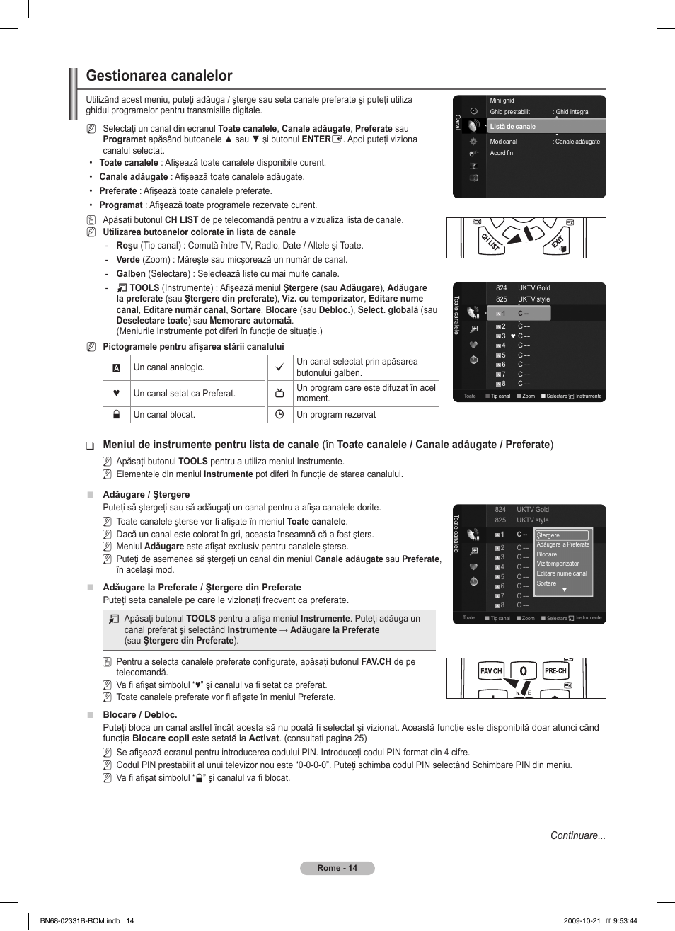 Gestionarea canalelor | Samsung PS50B551T3W User Manual | Page 338 / 462