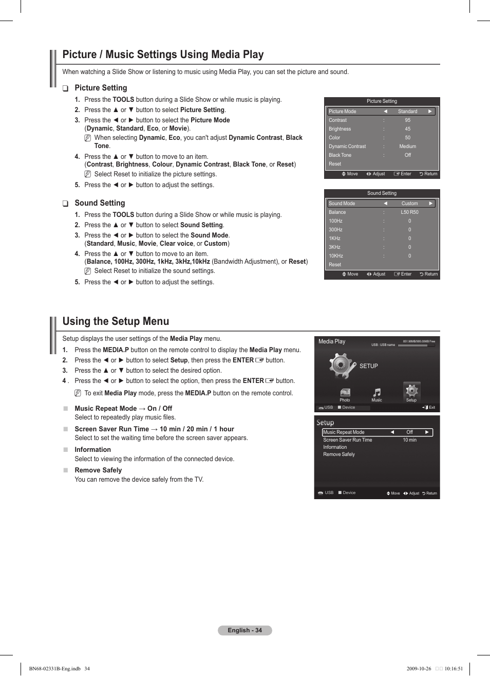 Picture / music settings using media play, Using the setup menu, Picture setting | Sound setting | Samsung PS50B551T3W User Manual | Page 34 / 462