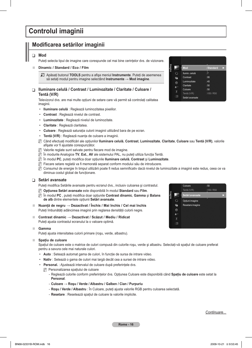 Controlul imaginii, Modificarea setărilor imaginii | Samsung PS50B551T3W User Manual | Page 340 / 462