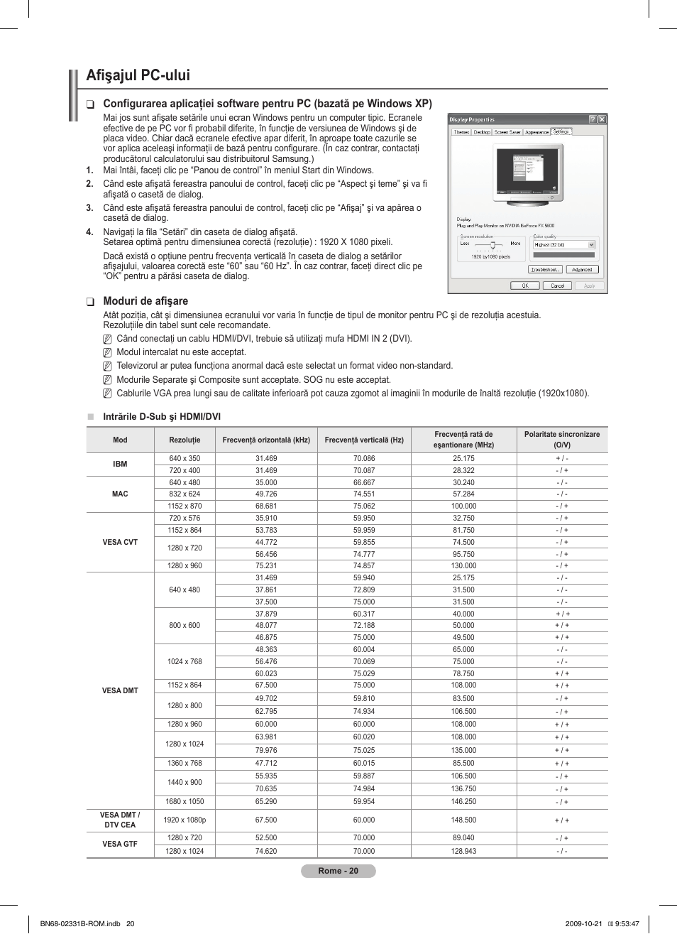 Afişajul pc-ului, Moduri de afişare | Samsung PS50B551T3W User Manual | Page 344 / 462