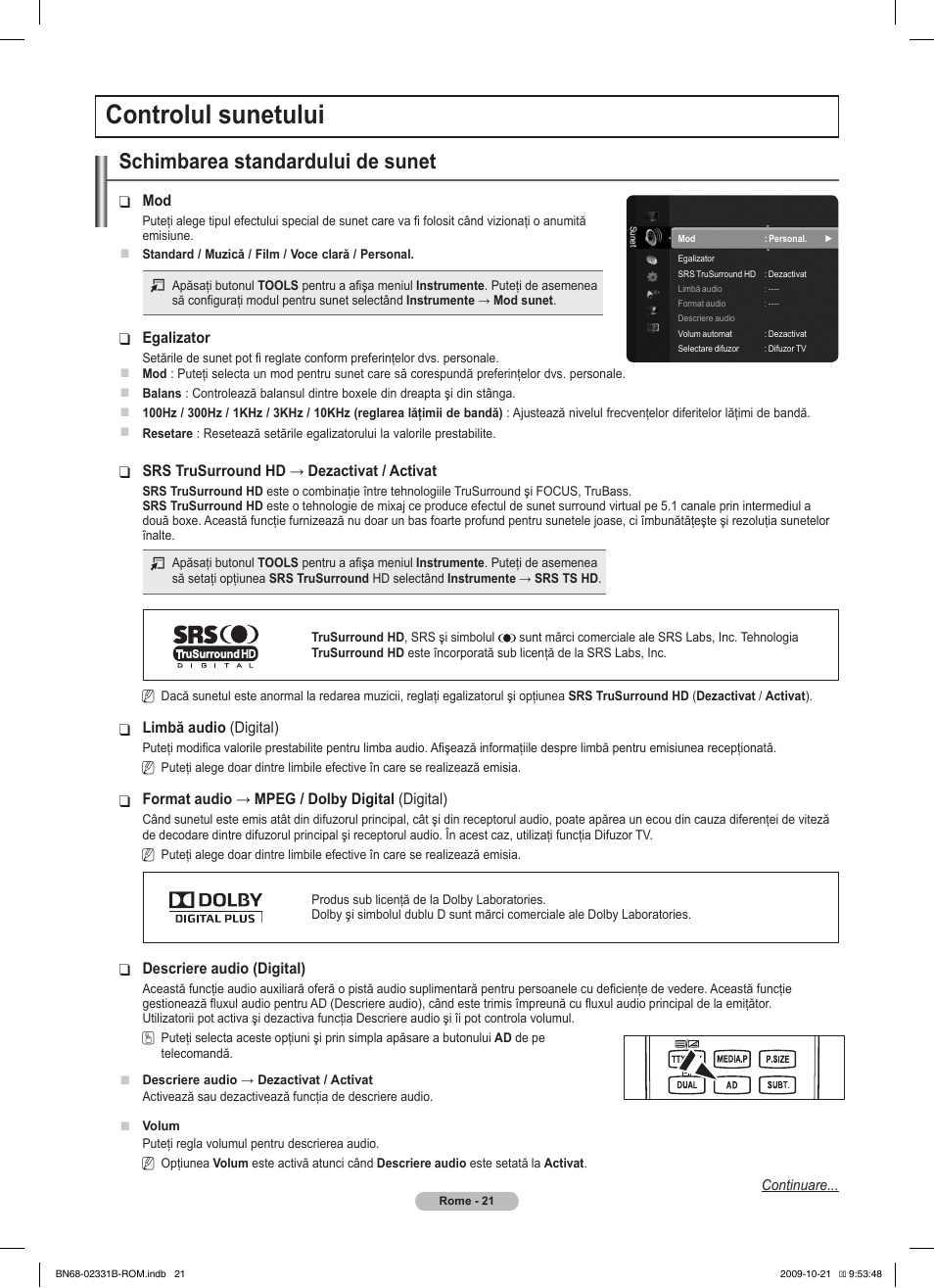 Controlul sunetului, Schimbarea standardului de sunet | Samsung PS50B551T3W User Manual | Page 345 / 462