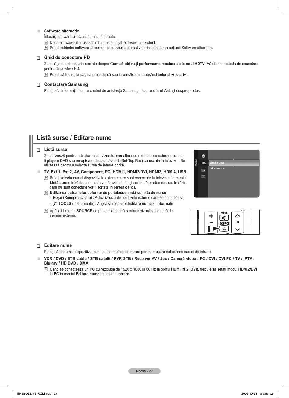 Listă surse / editare nume | Samsung PS50B551T3W User Manual | Page 351 / 462