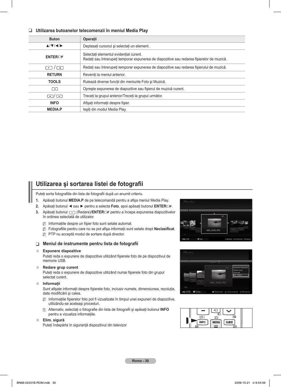 Utilizarea şi sortarea listei de fotografii, Meniul de instrumente pentru lista de fotografii | Samsung PS50B551T3W User Manual | Page 354 / 462