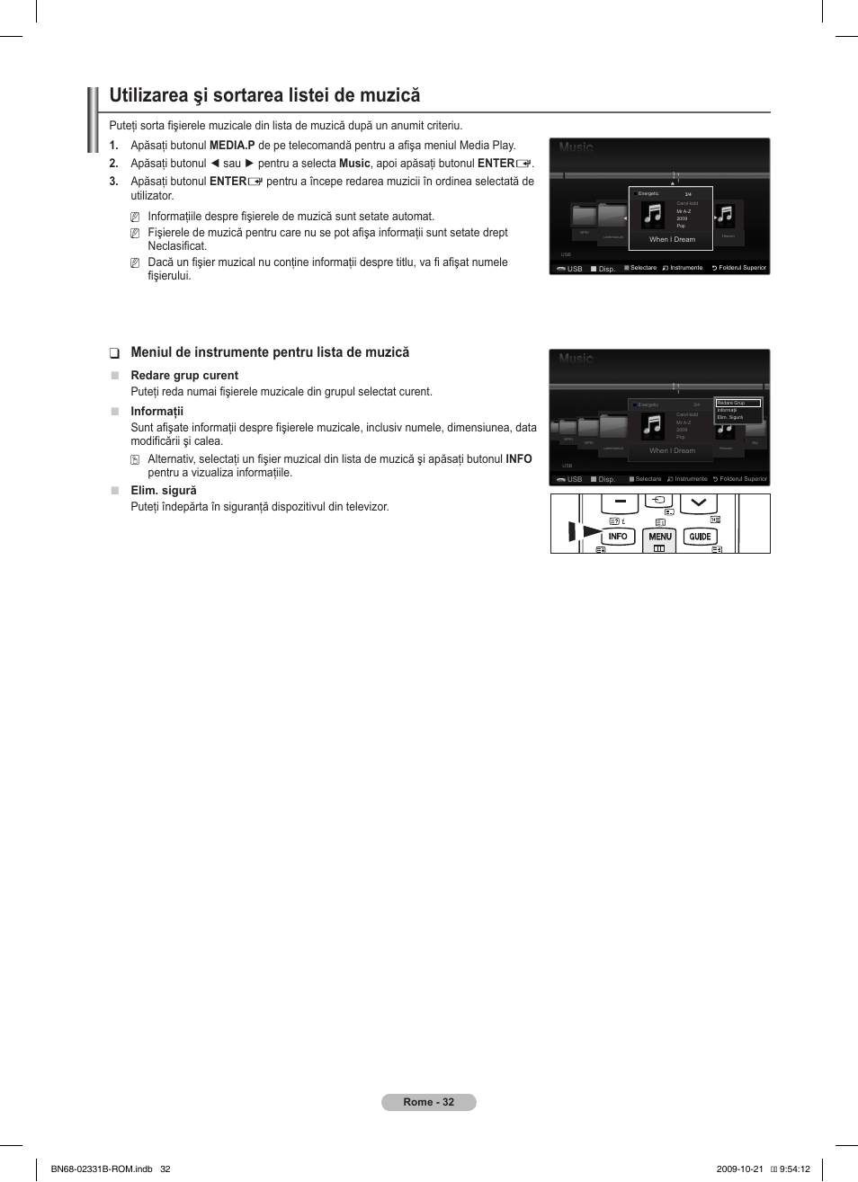 Utilizarea şi sortarea listei de muzică, Meniul de instrumente pentru lista de muzică, Apăsaţi butonul enter | Fişierului, Redare grup curent, Info pentru a vizualiza informaţiile. elim. sigură | Samsung PS50B551T3W User Manual | Page 356 / 462