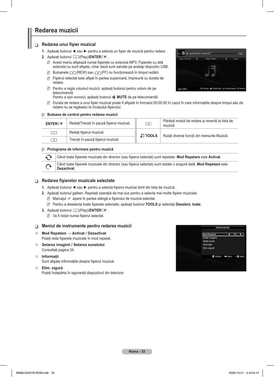 Redarea muzicii, Redarea unui fişier muzical, Redarea fişierelor muzicale selectate | Meniul de instrumente pentru redarea muzicii | Samsung PS50B551T3W User Manual | Page 357 / 462