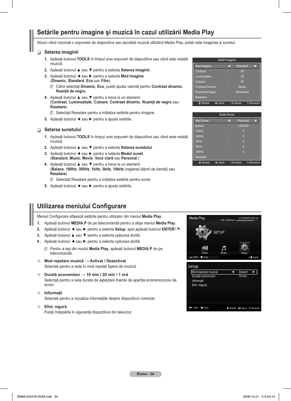 Utilizarea meniului configurare, Setarea imaginii, Setarea sunetului | Samsung PS50B551T3W User Manual | Page 358 / 462