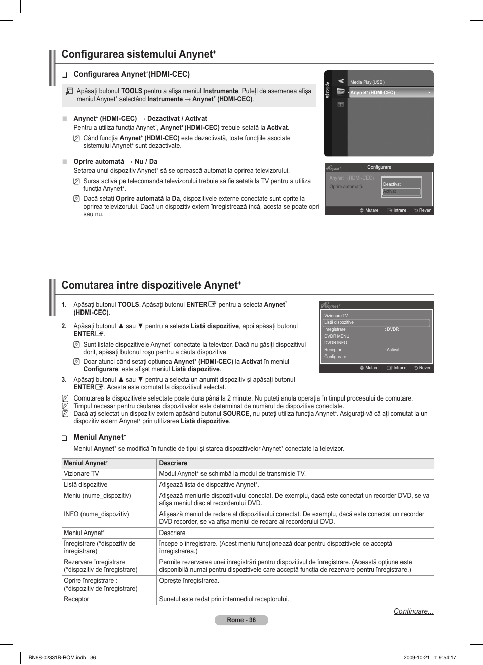 Configurarea sistemului anynet, Comutarea între dispozitivele anynet, Configurarea anynet | Hdmi-cec), Meniul anynet | Samsung PS50B551T3W User Manual | Page 360 / 462