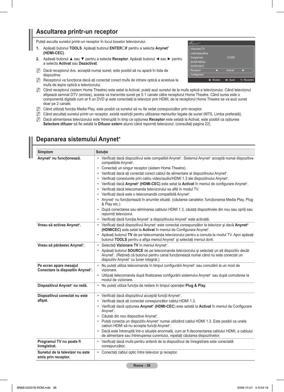 Ascultarea printr-un receptor, Depanarea sistemului anynet | Samsung PS50B551T3W User Manual | Page 362 / 462