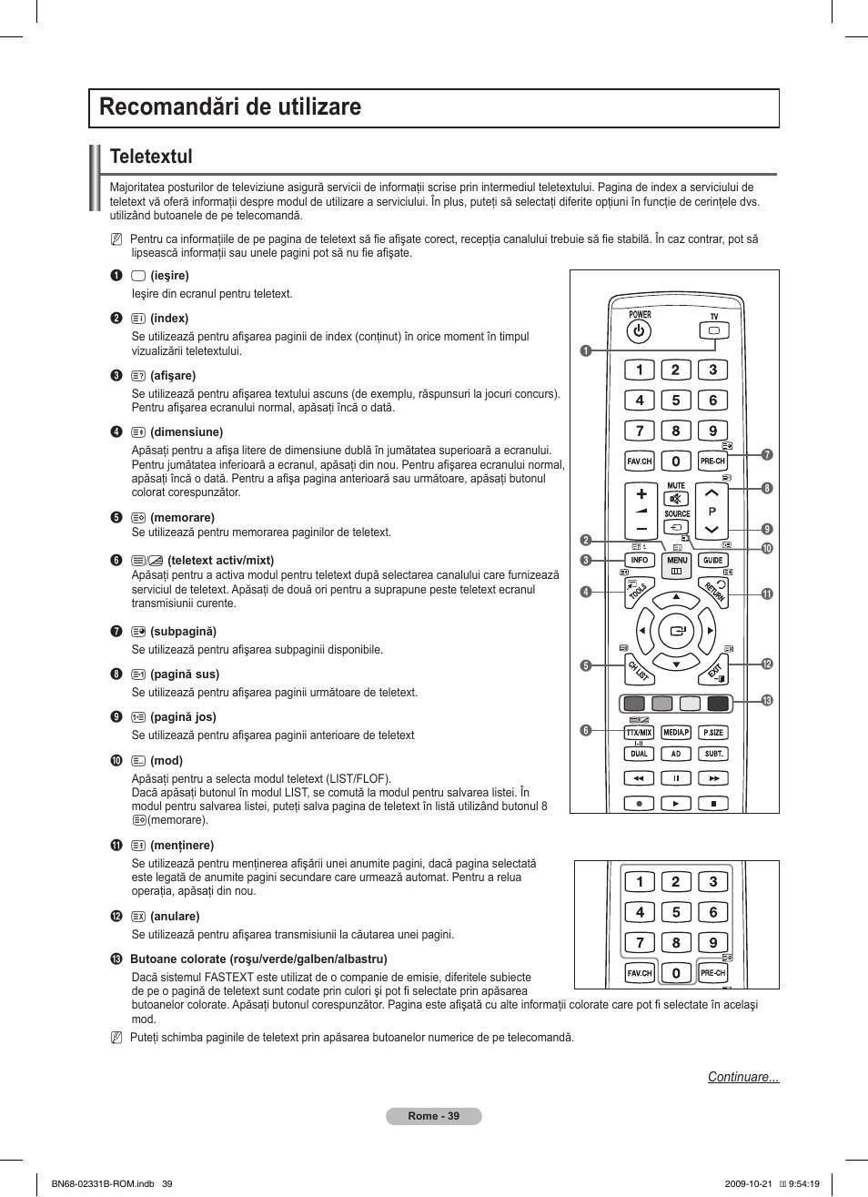 Recomandări de utilizare, Teletextul | Samsung PS50B551T3W User Manual | Page 363 / 462