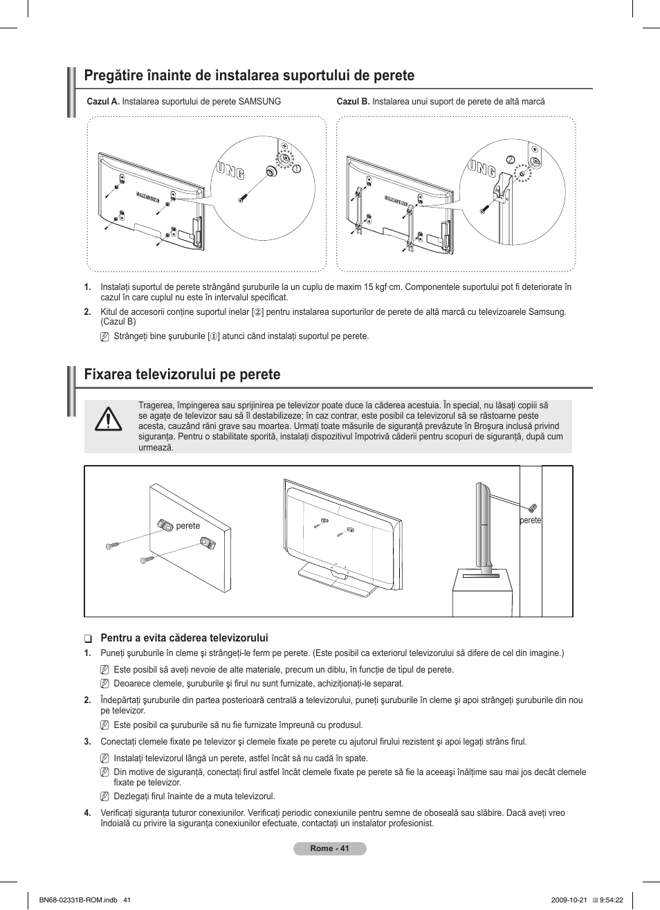 경고 주의 경고 주의, Fixarea televizorului pe perete | Samsung PS50B551T3W User Manual | Page 365 / 462