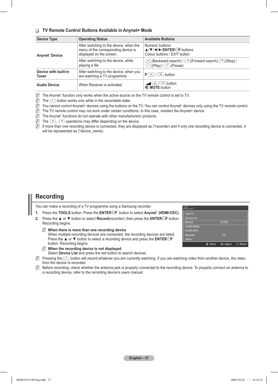 Recording | Samsung PS50B551T3W User Manual | Page 37 / 462