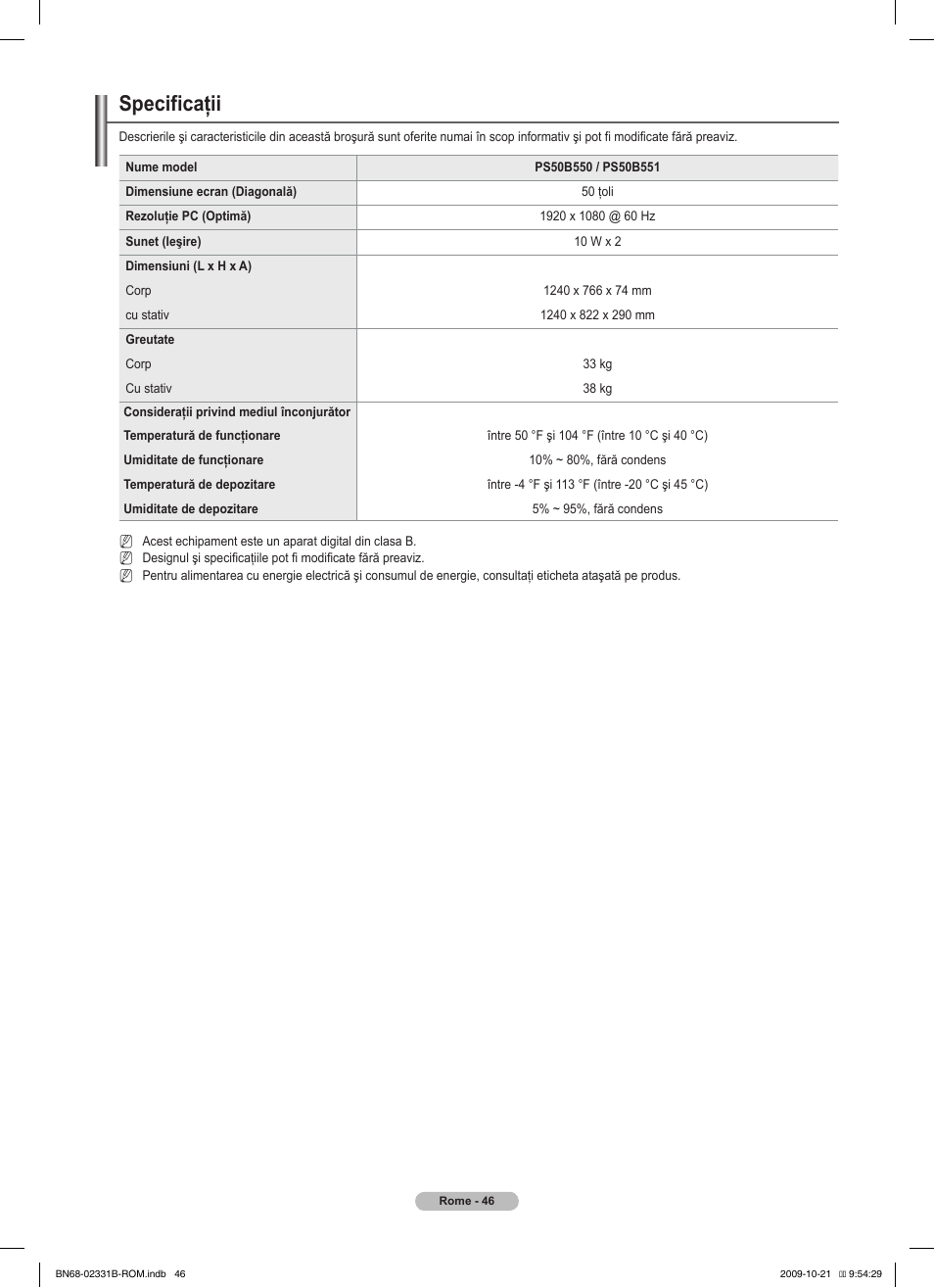 Specificaţii | Samsung PS50B551T3W User Manual | Page 370 / 462