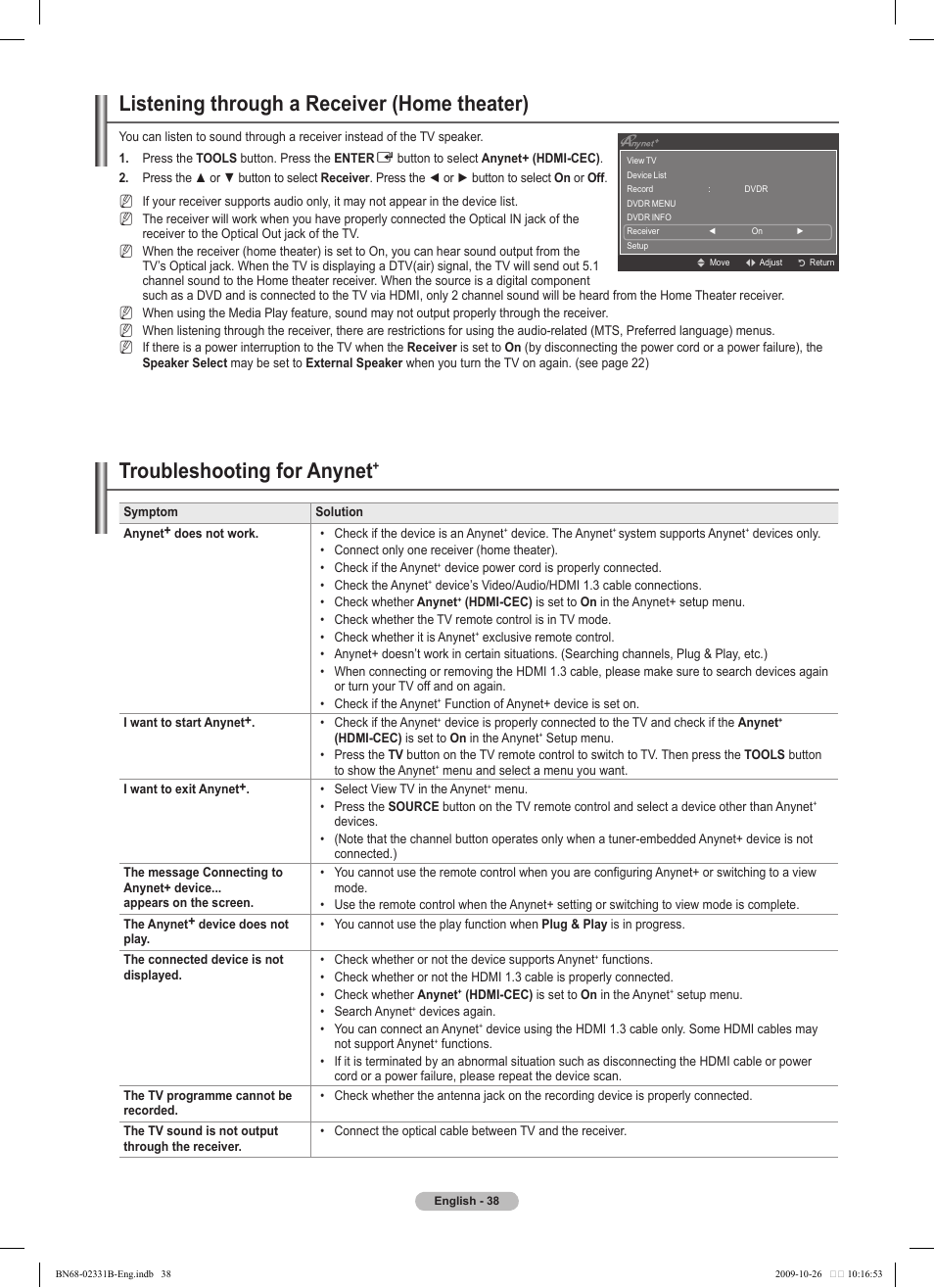 Listening through a receiver (home theater), Troubleshooting for anynet | Samsung PS50B551T3W User Manual | Page 38 / 462