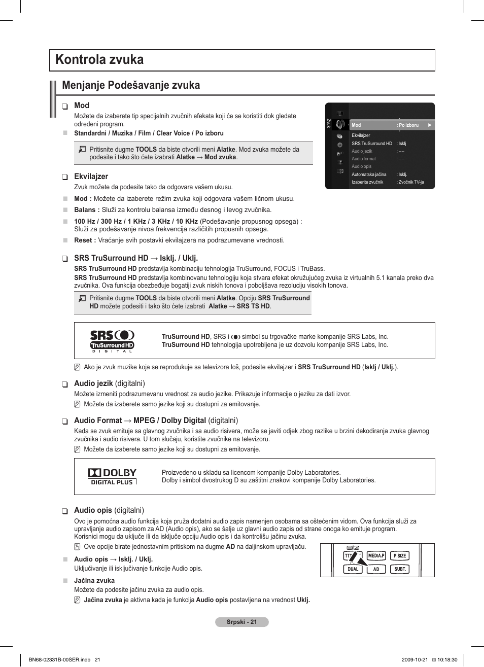 Kontrola zvuka, Menjanje podešavanje zvuka | Samsung PS50B551T3W User Manual | Page 390 / 462