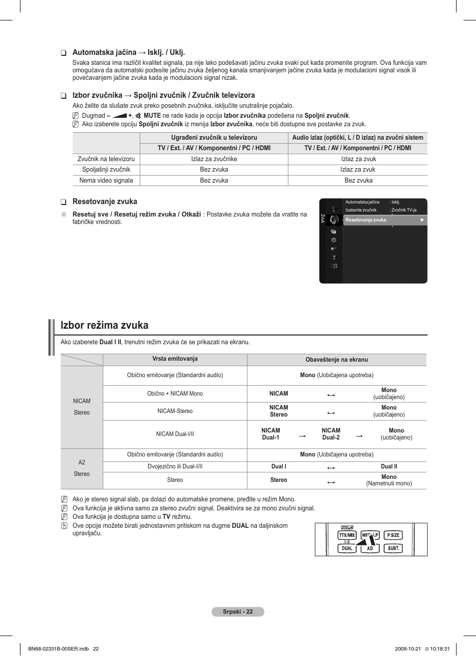 Izbor režima zvuka | Samsung PS50B551T3W User Manual | Page 391 / 462