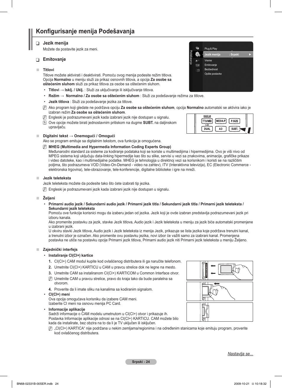 Konfigurisanje menija podešavanja | Samsung PS50B551T3W User Manual | Page 393 / 462