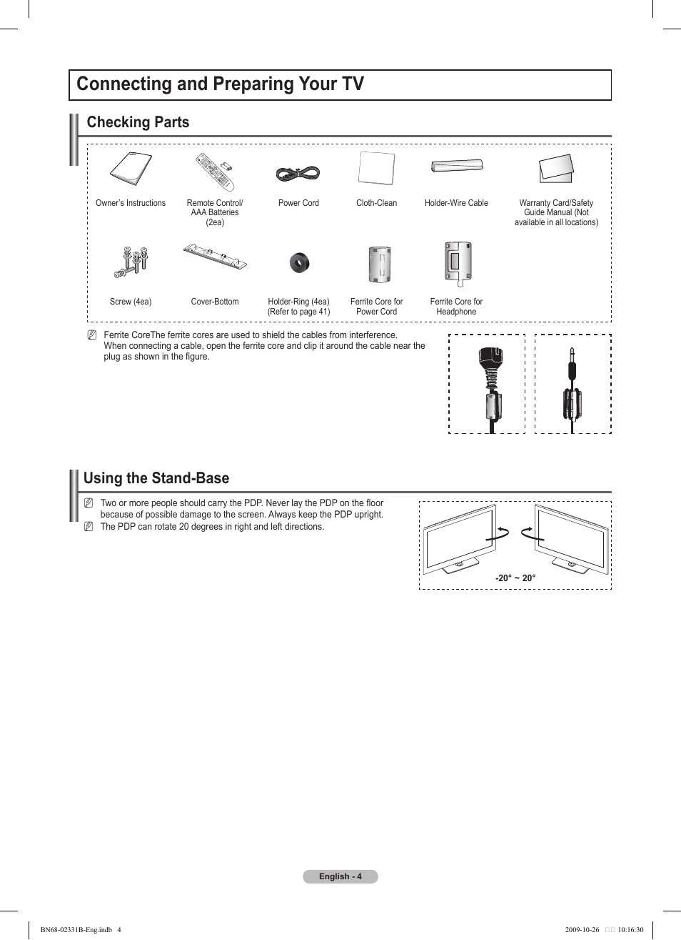 Connecting and preparing your tv, Using the stand-base, Checking parts | Samsung PS50B551T3W User Manual | Page 4 / 462