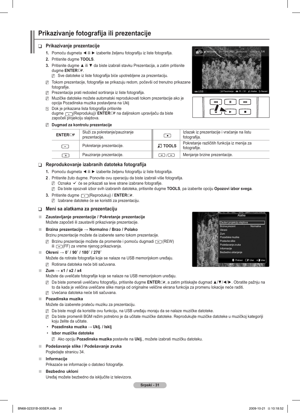 Prikazivanje fotografija ili prezentacije, Prikazivanje prezentacije, Reprodukovanje izabranih datoteka fotografija | Meni sa alatkama za prezentaciju | Samsung PS50B551T3W User Manual | Page 400 / 462