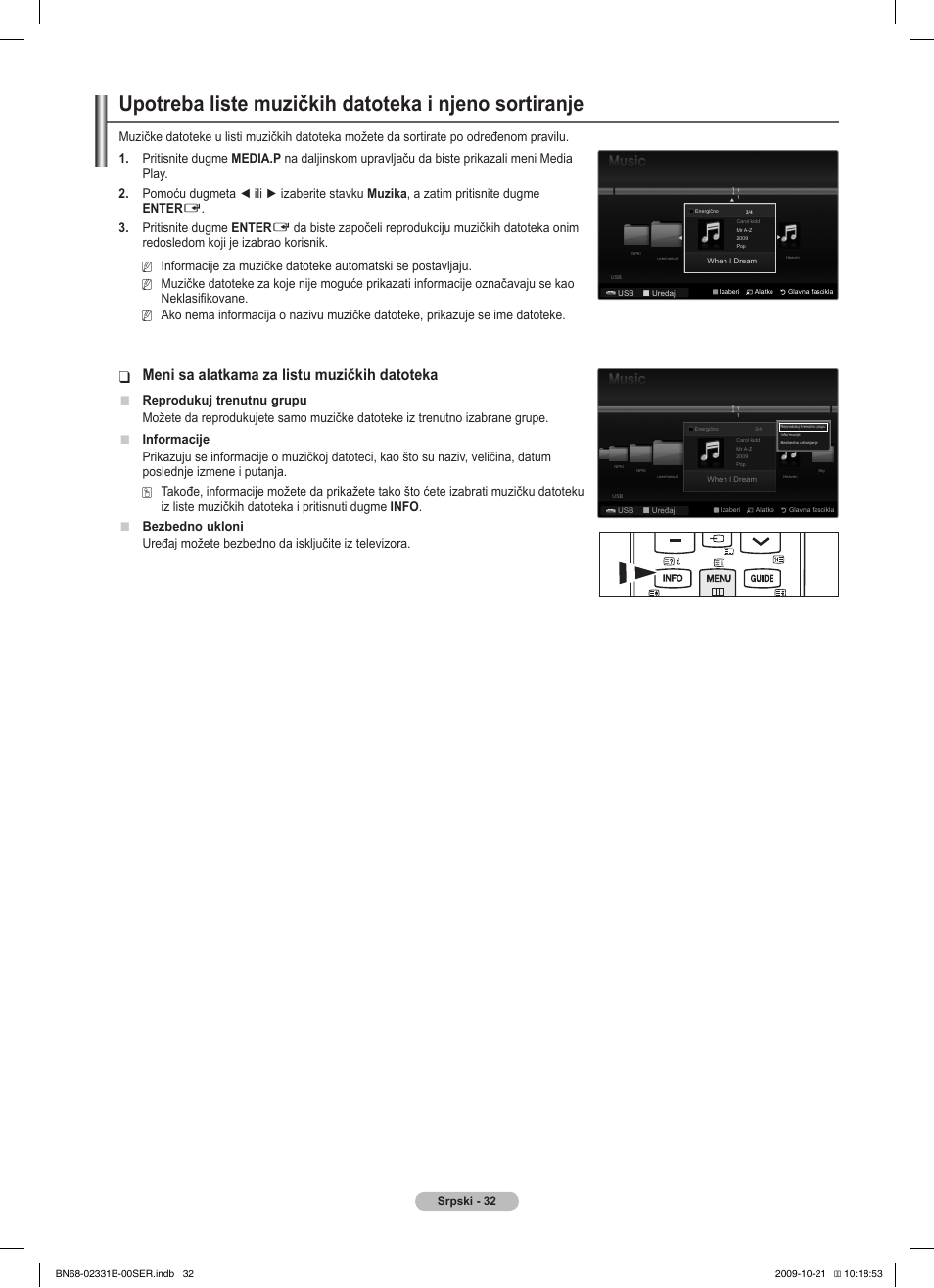 Meni sa alatkama za listu muzičkih datoteka, Pritisnite dugme enter, Reprodukuj trenutnu grupu | Uređaj možete bezbedno da isključite iz televizora | Samsung PS50B551T3W User Manual | Page 401 / 462