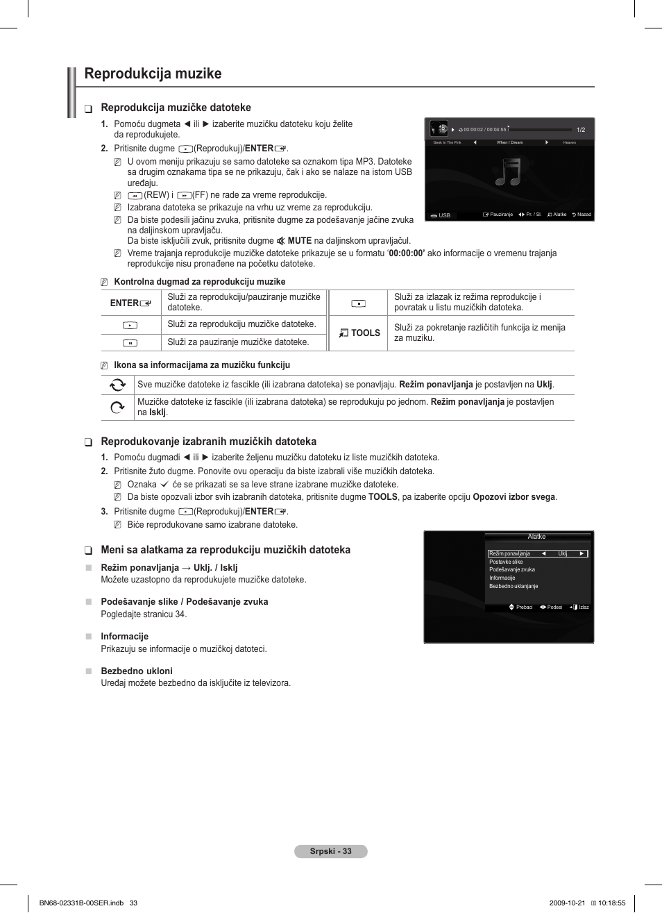 Reprodukcija muzike, Reprodukcija muzičke datoteke, Reprodukovanje izabranih muzičkih datoteka | Meni sa alatkama za reprodukciju muzičkih datoteka | Samsung PS50B551T3W User Manual | Page 402 / 462