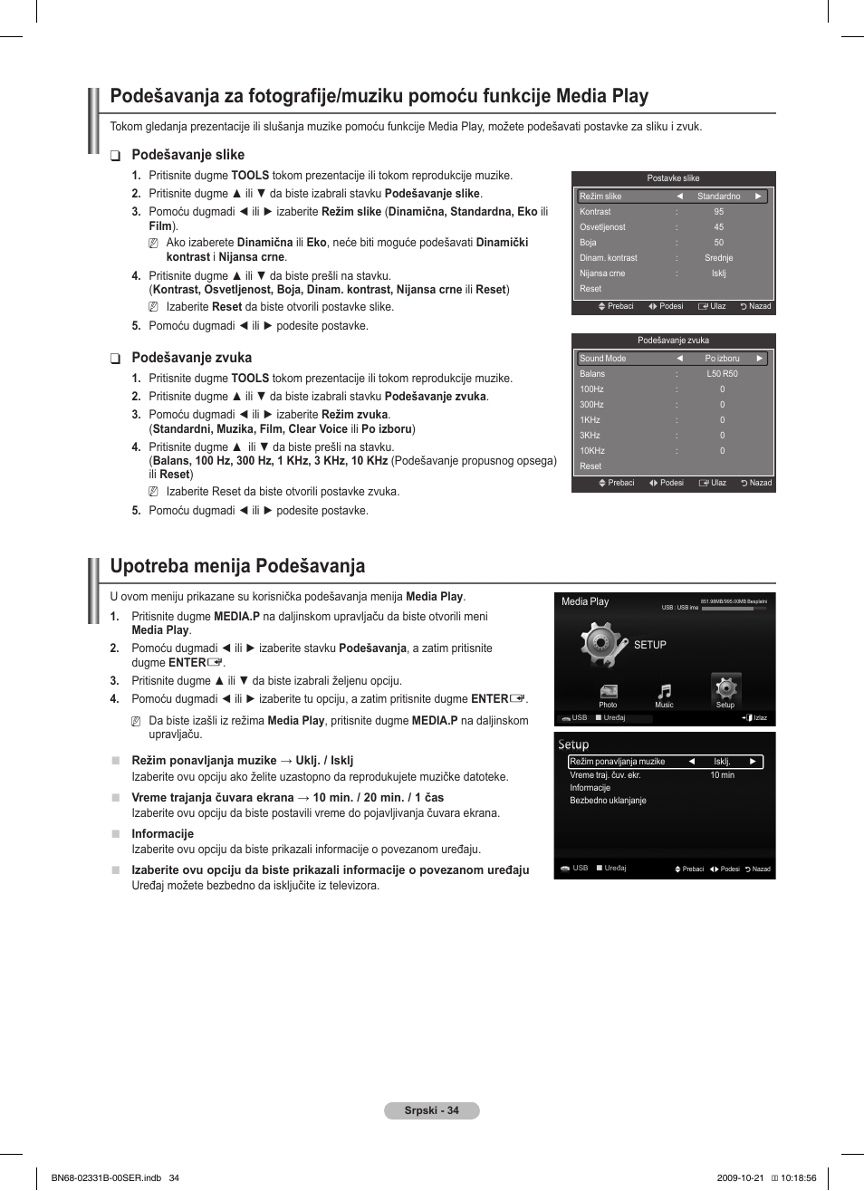 Upotreba menija podešavanja, Podešavanje slike, Podešavanje zvuka | Samsung PS50B551T3W User Manual | Page 403 / 462