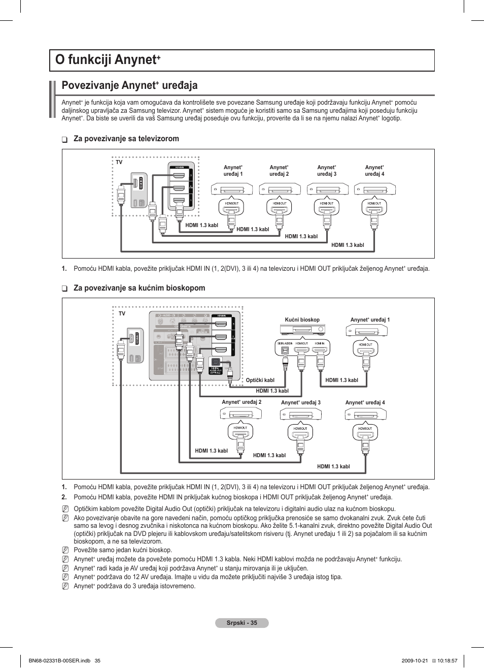 O funkciji anynet, Povezivanje anynet, Uređaja | Za povezivanje sa televizorom, Za povezivanje sa kućnim bioskopom | Samsung PS50B551T3W User Manual | Page 404 / 462