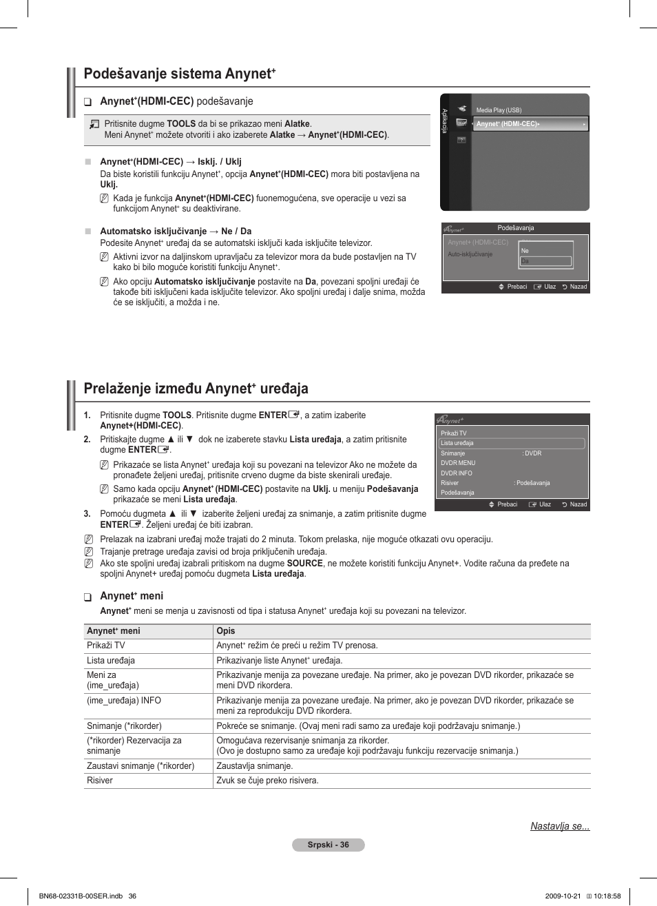 Podešavanje sistema anynet, Prelaženje između anynet, Uređaja | Anynet, Hdmi-cec) podešavanje, Meni | Samsung PS50B551T3W User Manual | Page 405 / 462