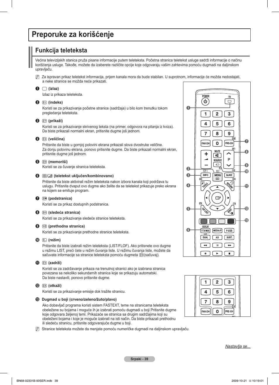 Preporuke za korišćenje, Funkcija teleteksta | Samsung PS50B551T3W User Manual | Page 408 / 462