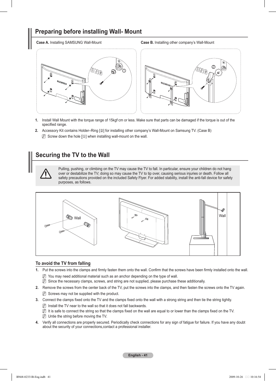 경고 주의 경고 주의, Preparing before installing wall- mount, Securing the tv to the wall | Samsung PS50B551T3W User Manual | Page 41 / 462