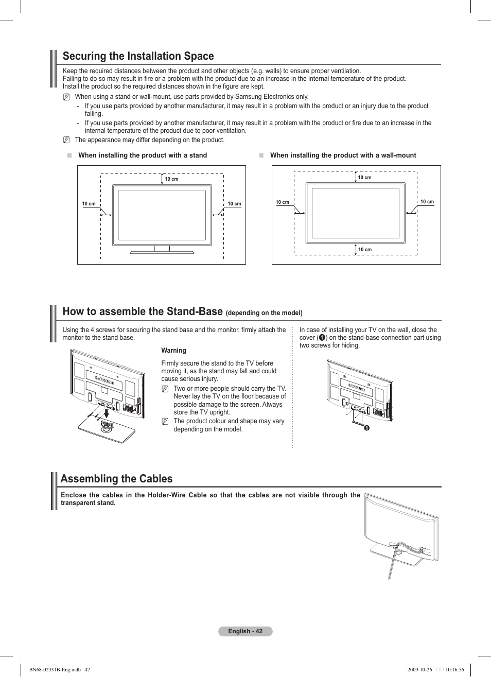 Securing the installation space, How to assemble the stand-base, Assembling the cables | Samsung PS50B551T3W User Manual | Page 42 / 462