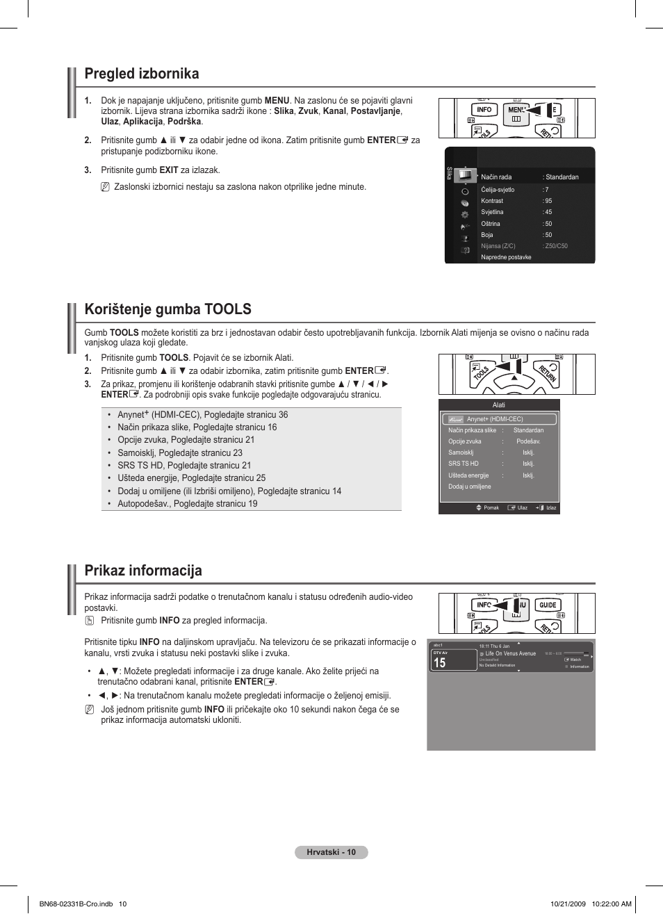 Pregled izbornika, Korištenje gumba tools, Prikaz informacija | Samsung PS50B551T3W User Manual | Page 424 / 462