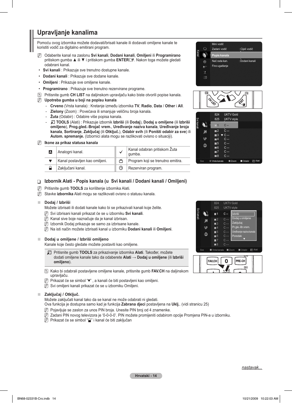 Upravljanje kanalima, Nastavak | Samsung PS50B551T3W User Manual | Page 428 / 462