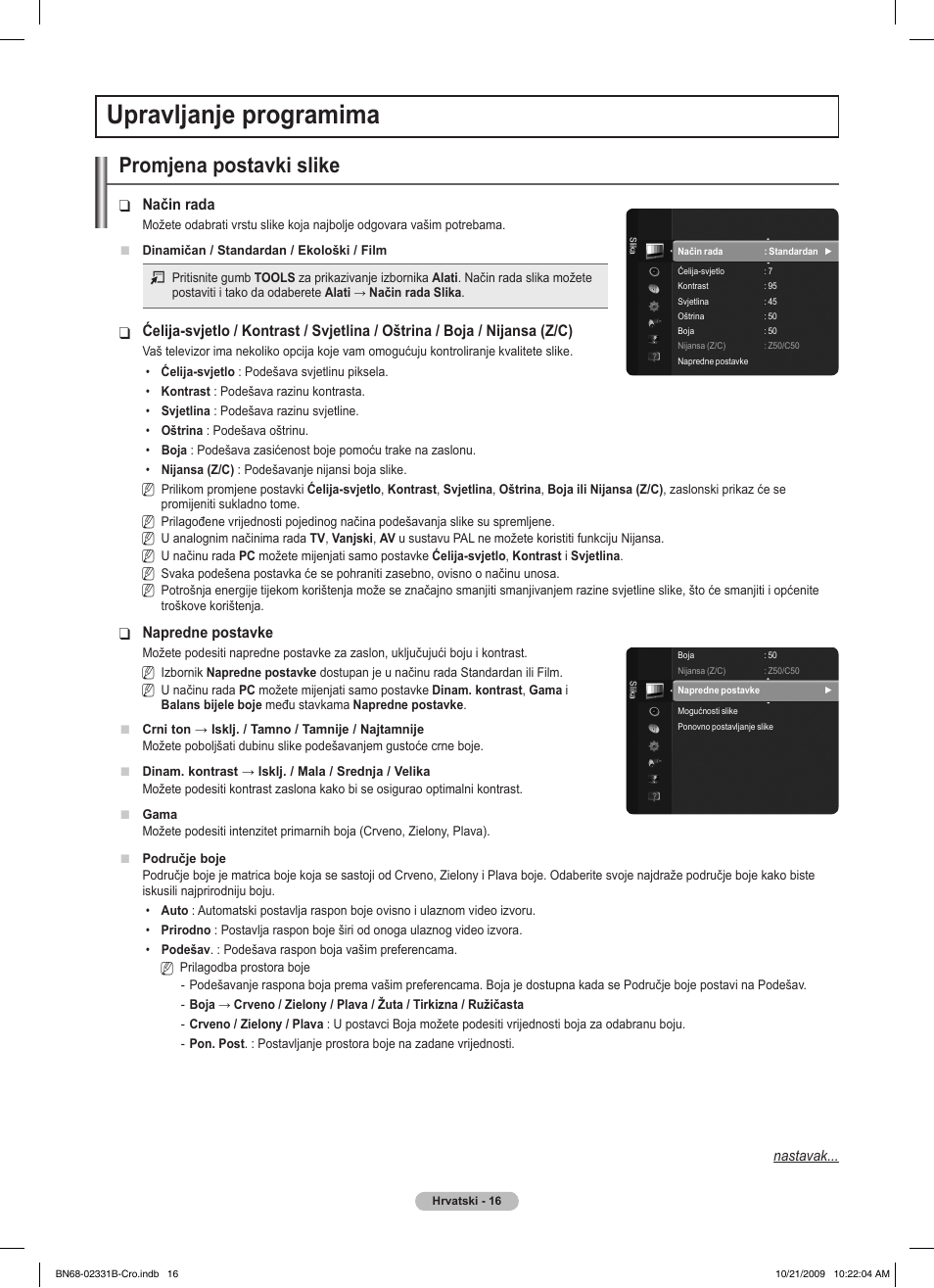 Upravljanje programima, Promjena postavki slike | Samsung PS50B551T3W User Manual | Page 430 / 462